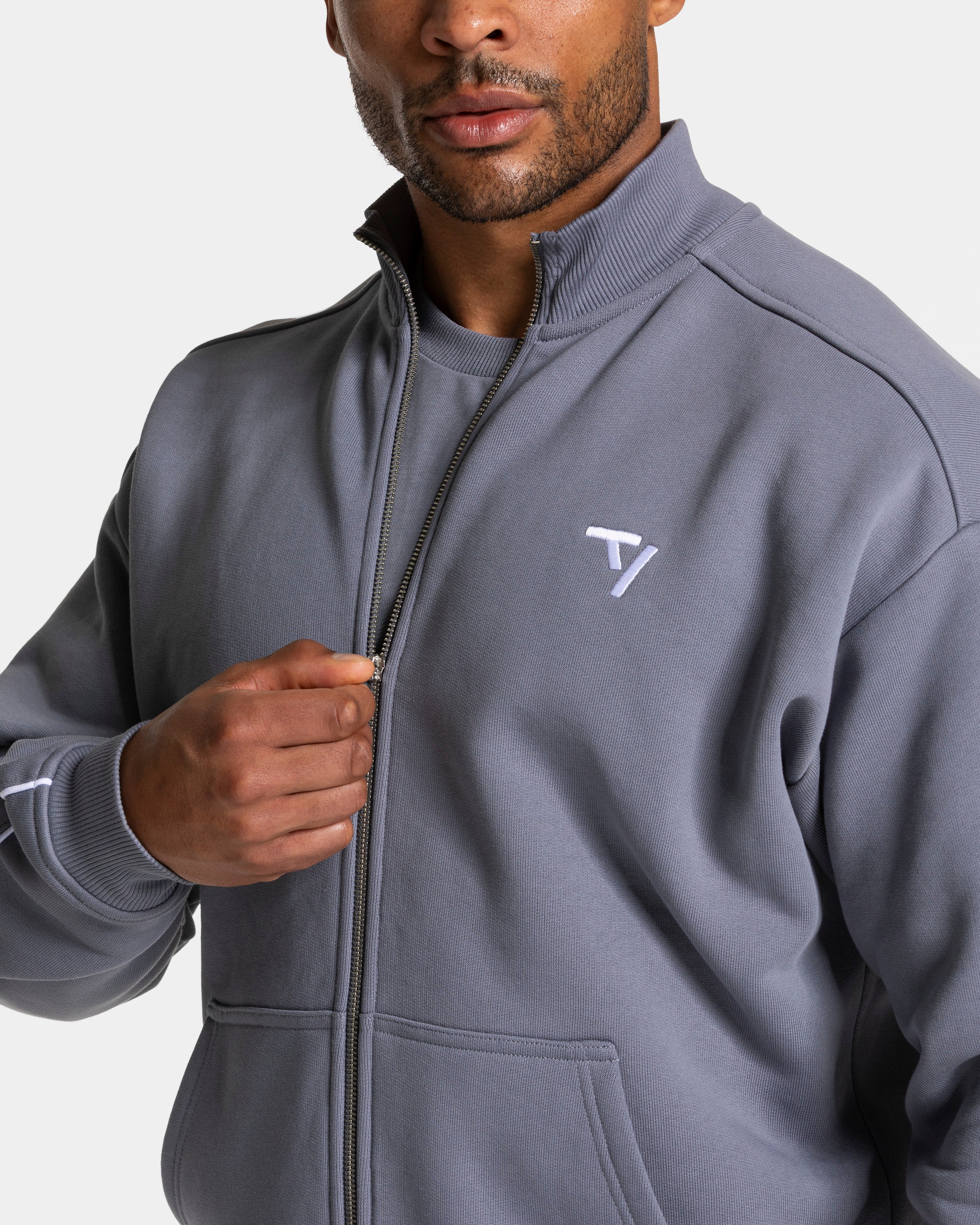 Kontrast-Reißverschluss-Pullover "Eisgrau - Weiß"